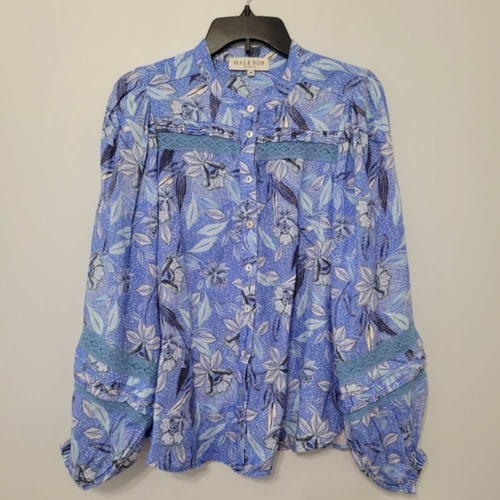Hale Bob Women's Angelina Linen‎ Top Size M Periwinkle Blue Floral Euro Summer - Picture 3 of 13